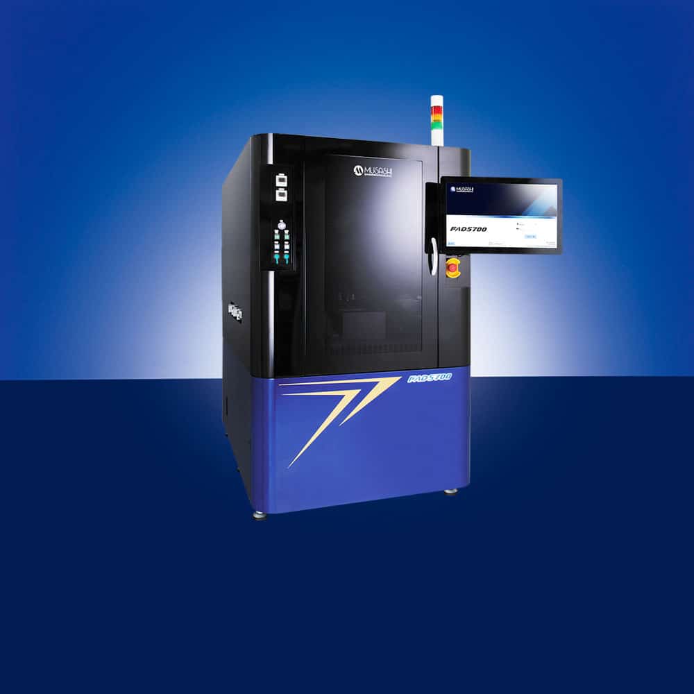 Musashi Engineering precision dispensing robot applying adhesive to PCB