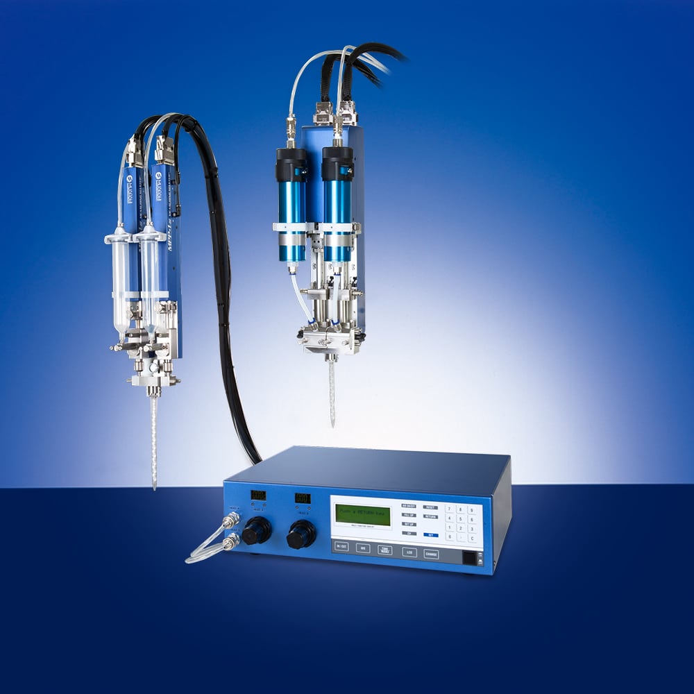 Two-material dispenser DUAL MPP Series with digital control for precise ratio mixing and dual-component dispensing.