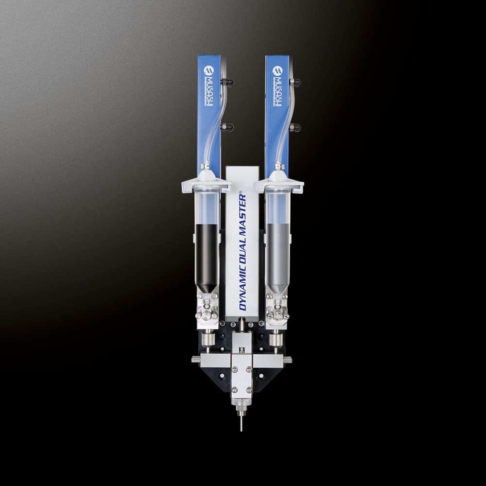 Two-part dispenser DYNAMIC DUAL MASTER with rotary mixer for precise two-liquid mixing and high-speed dispensing.