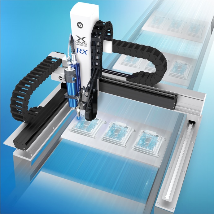 Musashi Engineering gantry robot in motion dispensing fluid with precision and speed.