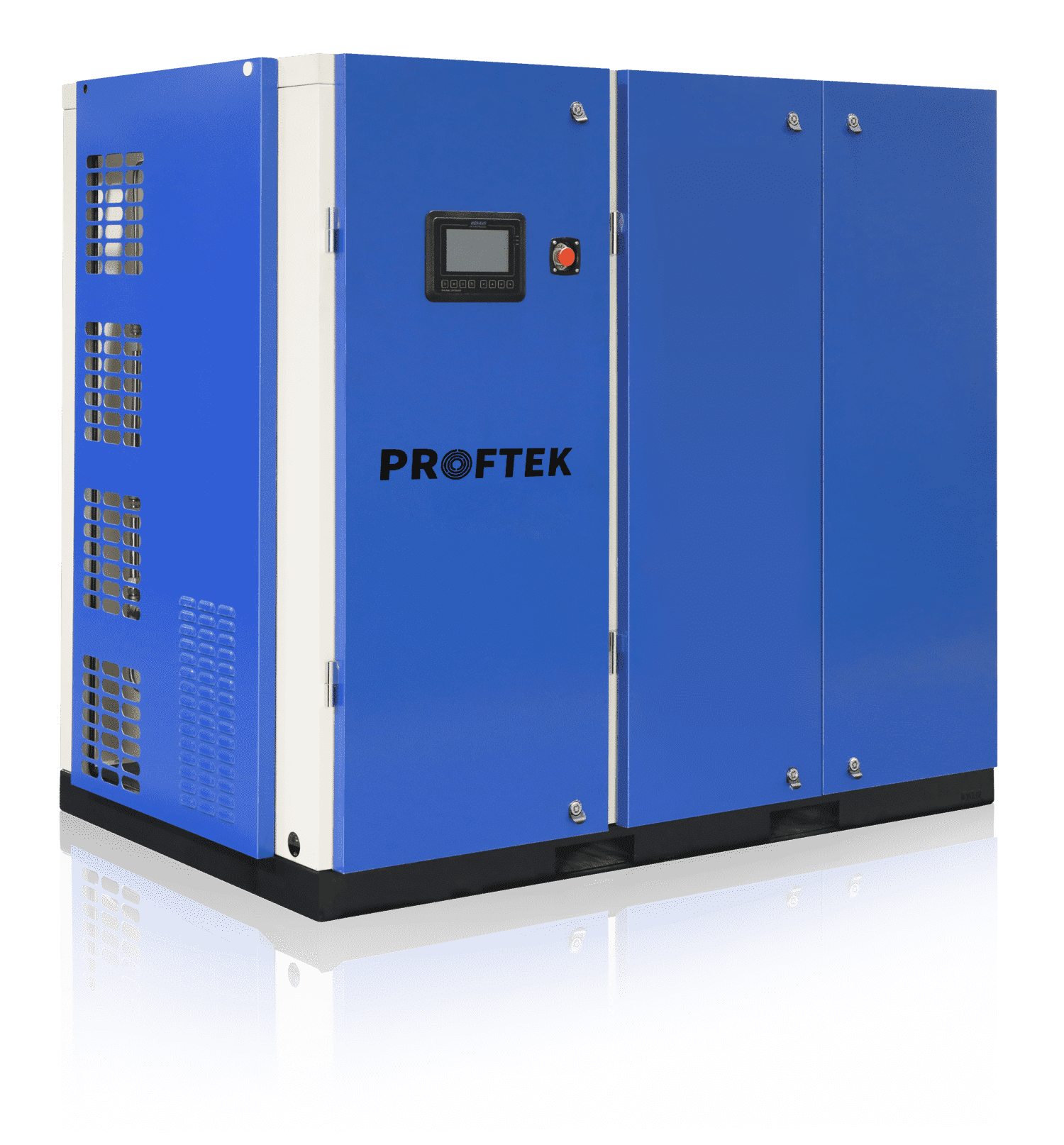 Industrial rotary screw air compressor with integrated control panel and soundproof enclosure