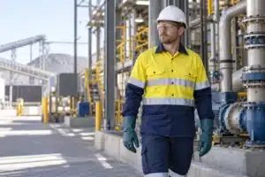 Mining worker wearing high-visibility protective workwear, safety glasses, hard hat and chemical-resistant gloves