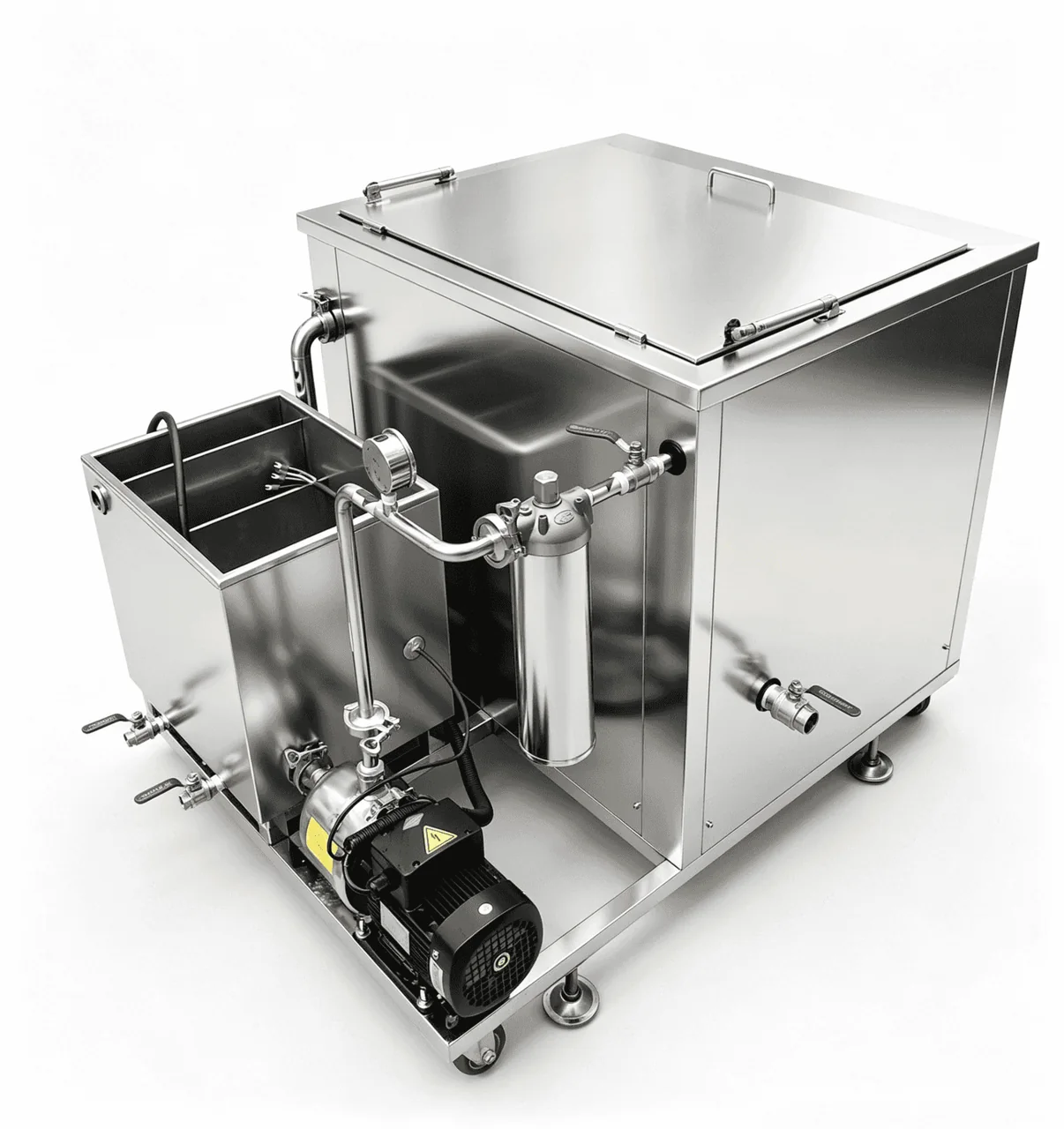 Industrial ultrasonic cleaner with optional filtration and an oil-separation tank